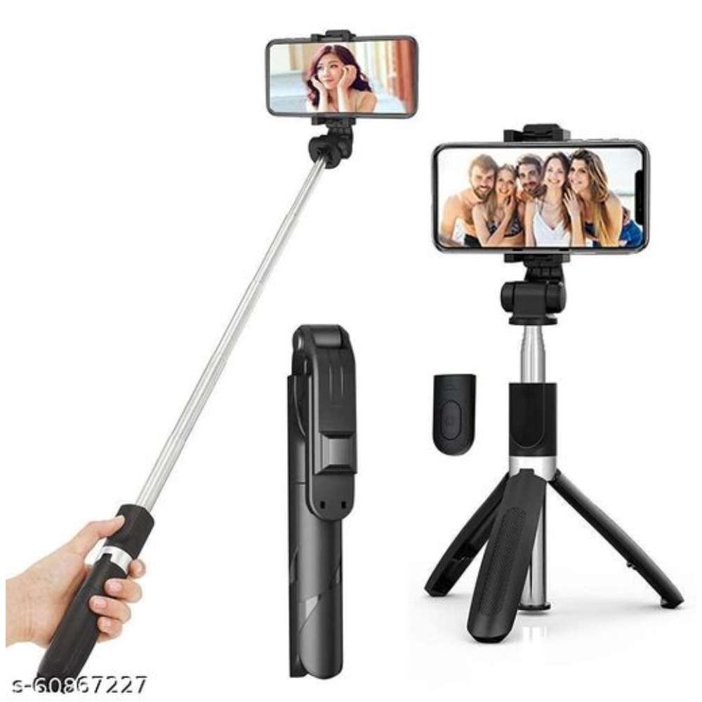 XT-02 Wireless Mini Live Broadcast Extendable Bluetooth Selfie Stick Cum Tripod with Detachable Bluetooth Wireless Remote for All Smartphones | Black