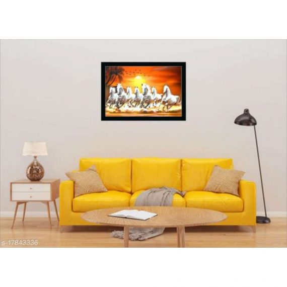Floreto Sunrise 7 Running Horses Vastu UV Coated Home Decorative Gift Item Framed Painting (20 In X 14 In )