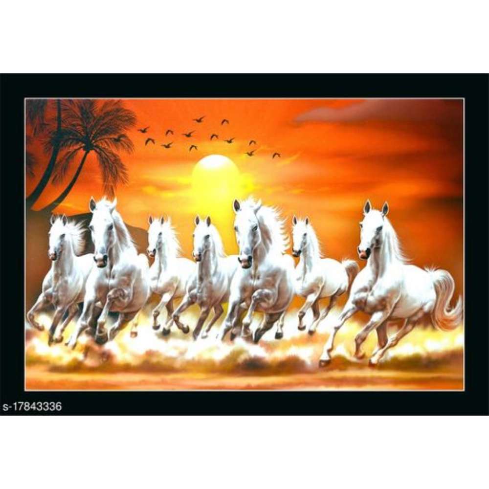Floreto Sunrise 7 Running Horses Vastu UV Coated Home Decorative Gift Item Framed Painting (20 In X 14 In )