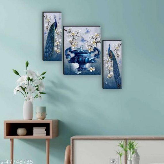 1ArtofCreation Set of 3 Peacoke Blues Amazing Attractive Beautiful Luxurious UV Coated Home Decorative Wall Painting 12" X 18" Inch CANFJM31070