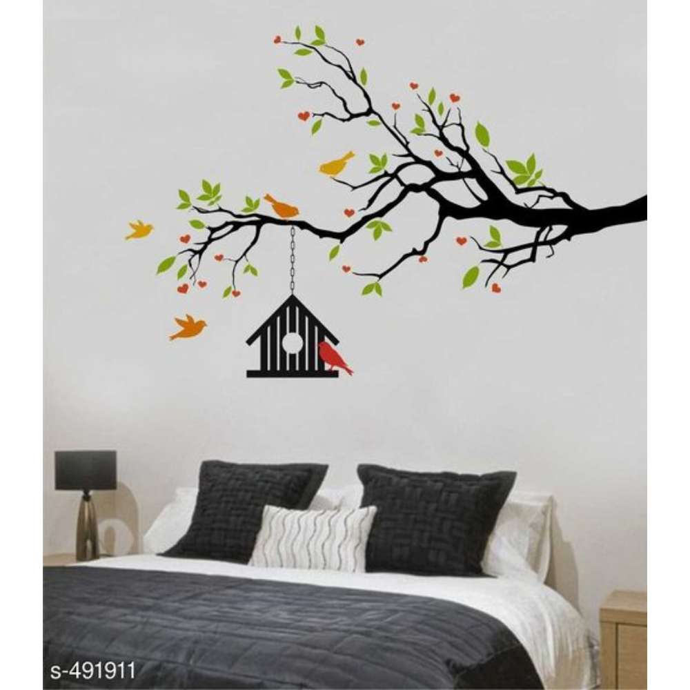 Rawpockets ' Heart-in Flower Tree with Bird Cage' Wall Decal Sticker' Wall Stickers