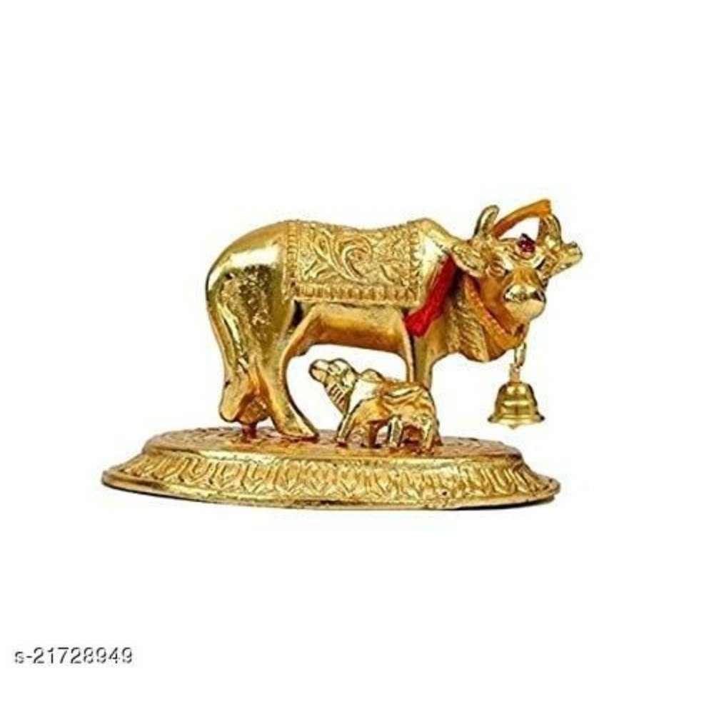 Gift Items Kamdhenu Cow with Calf Idol Showpiece in Brass Like Metal for Home Décor and Decorative Gift (Gold, 100 Grams, 8 x 5 x 7 cm) (Cow)-021