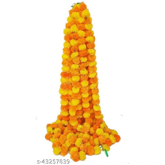 KishWorld Artificial Marigold Fluffy Flowers Garlands for Diwali Decoration | Beautiful Reusable Decorative Genda Phool Strings for Festival, Home Decor | Mango & Yellow, Pack of 5