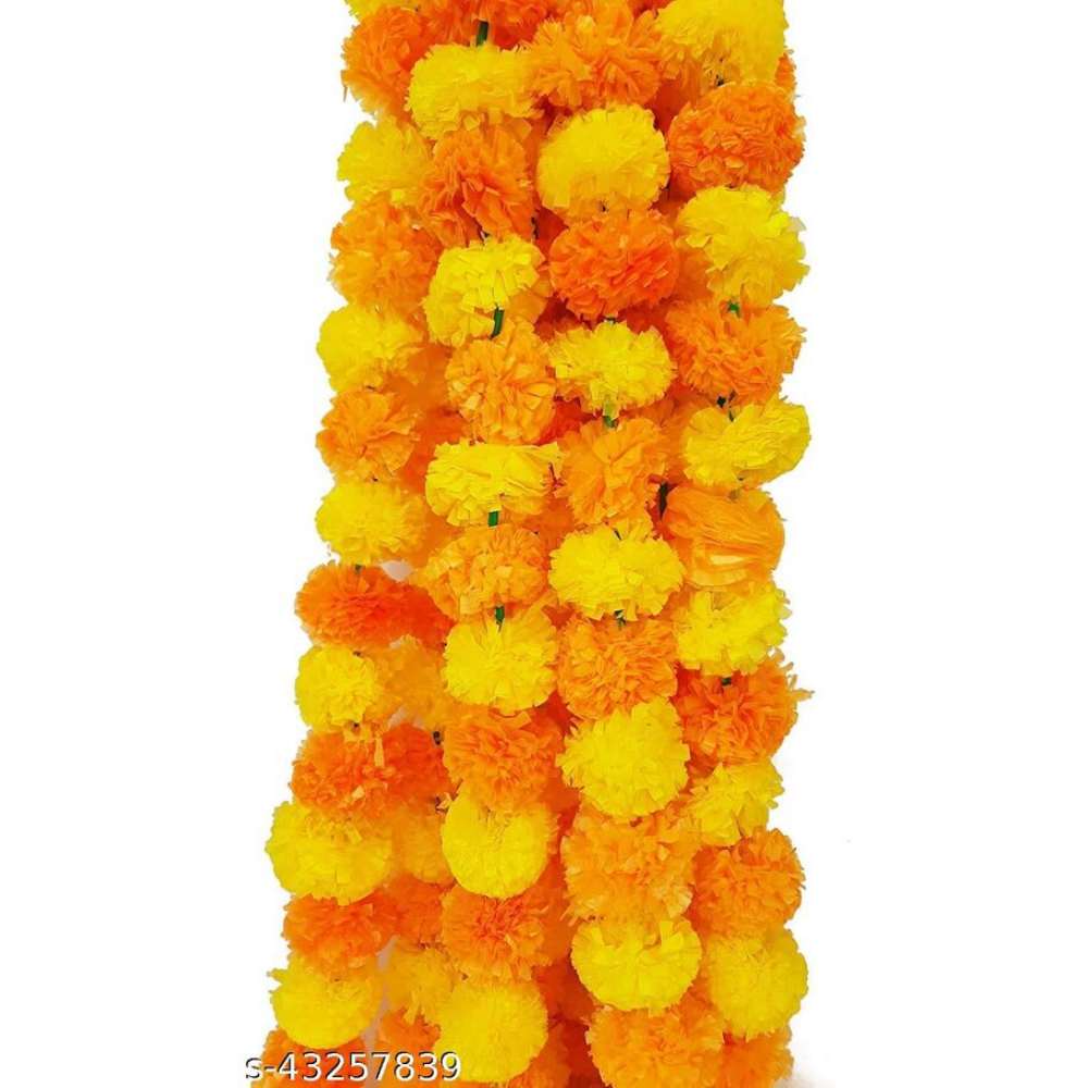 KishWorld Artificial Marigold Fluffy Flowers Garlands for Diwali Decoration | Beautiful Reusable Decorative Genda Phool Strings for Festival, Home Decor | Mango & Yellow, Pack of 5
