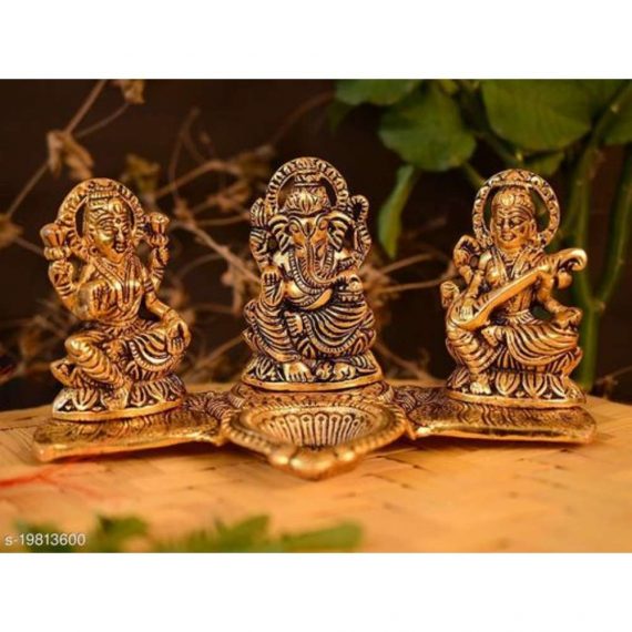 Decorative Unique Handicraft Laxmi Ganesh Saraswati Idol Showpiece Oil Lamp Diya Deepak Deepam Metal Statue Sculpture