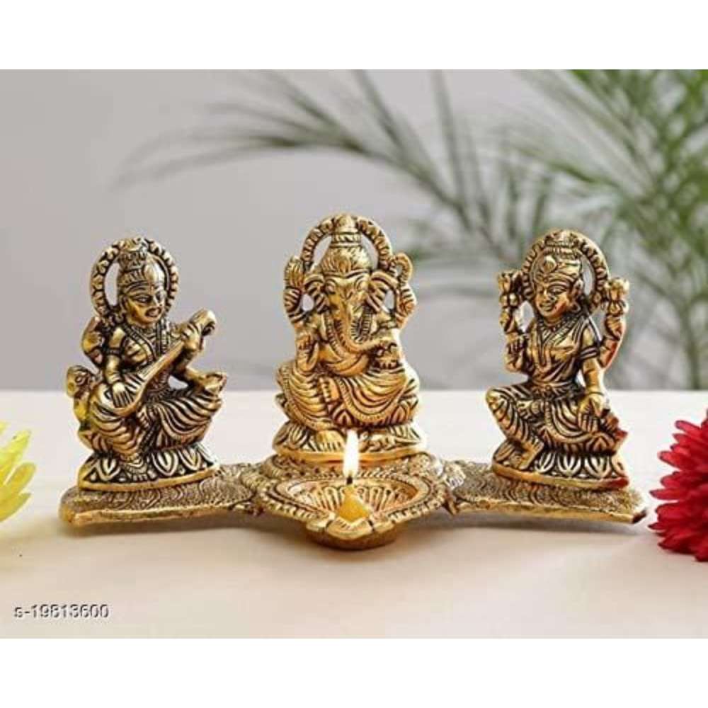 Decorative Unique Handicraft Laxmi Ganesh Saraswati Idol Showpiece Oil Lamp Diya Deepak Deepam Metal Statue Sculpture
