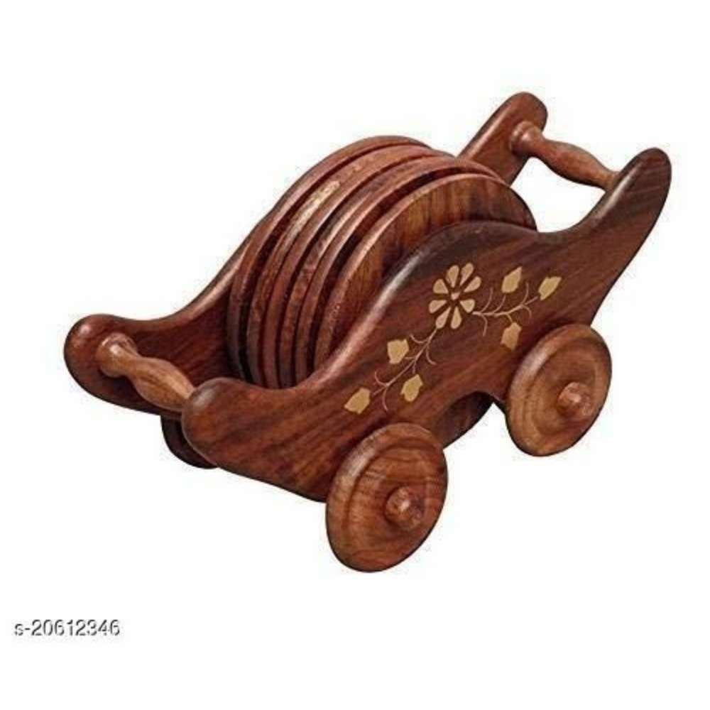 Wooden Carved Tea Coaster Set of 6 Plate with Stand Dining Table Serving Office