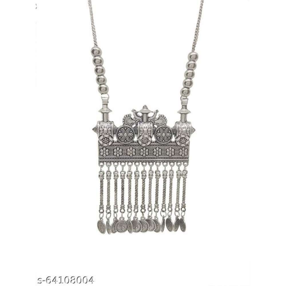 Oxidized German Silver Plated Traditional Square Shape Chain Pendant Necklace for Women & Girls (Silver)