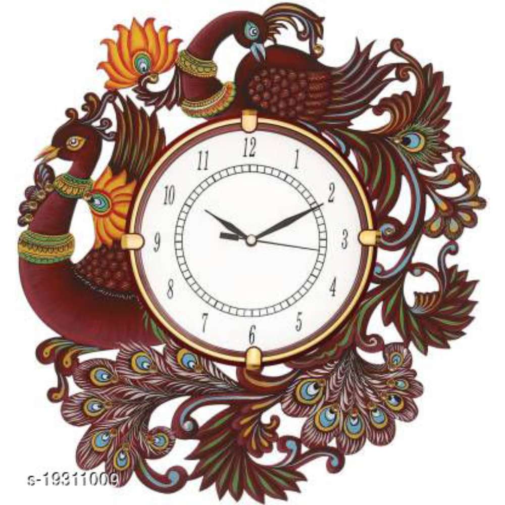 MK HANDICRAFT Ajanta Peacock Wood Wall Clock (14x14 Inches)