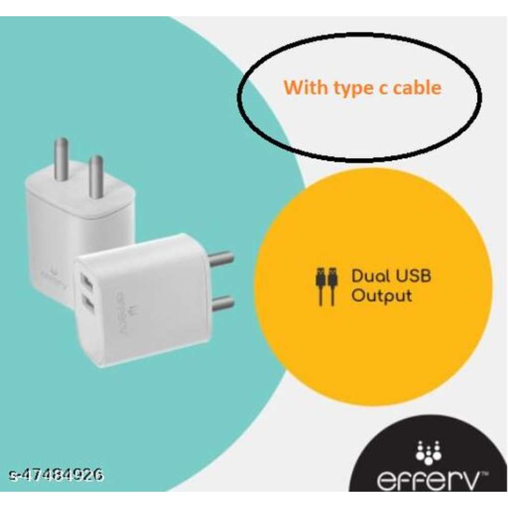 EFFERV 12 WATT CHARGER DOUBLE USB WITH TYPE C USB CABLE FAST charging speed BIS CERTIFIED for all smartphones opo vivi mi realmi