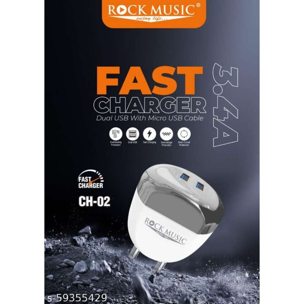 ROCKMUSIC CHARGER CH02 MODEL WITH DOUBLE USB 3.4AMP AND DATA CABLE V8