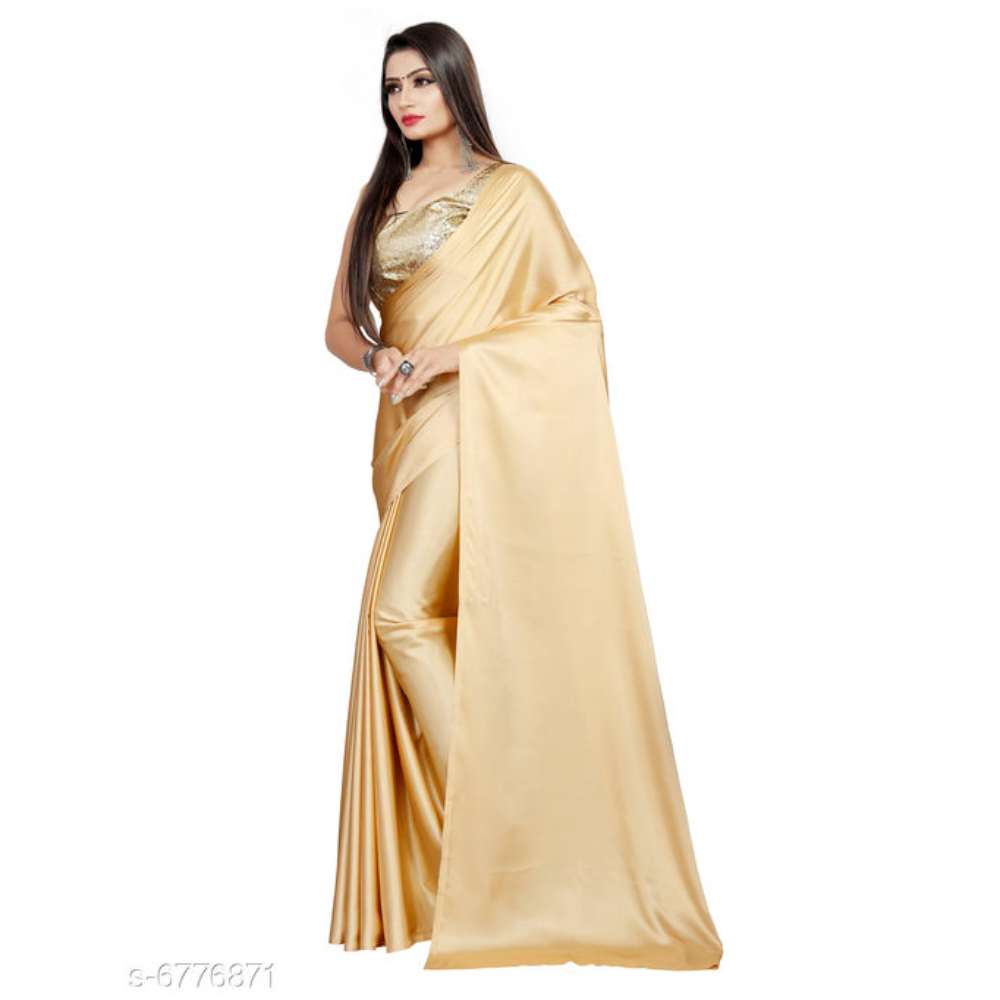 DESIMISSKART Solid Bollywood Satin Blend Saree (Beige)