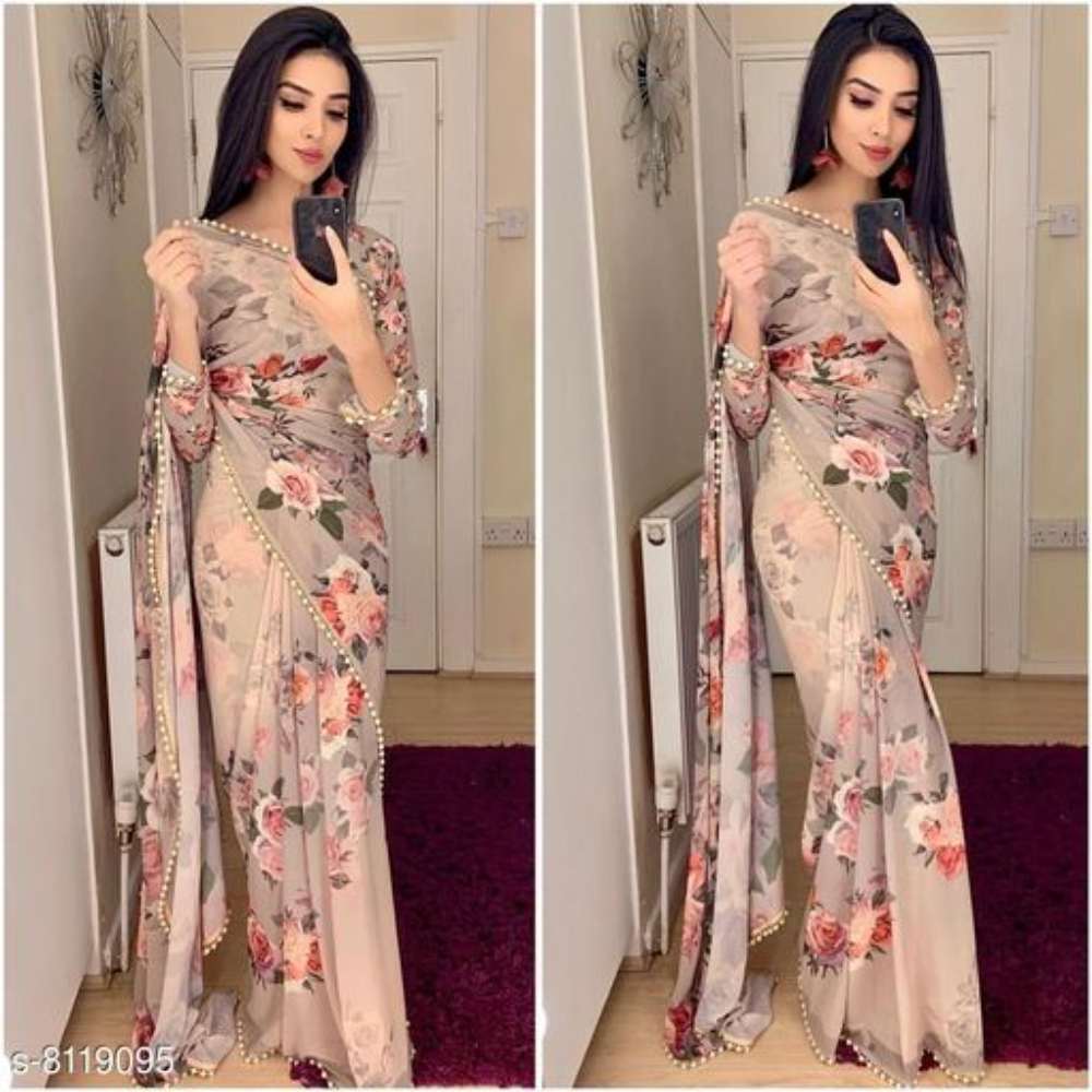 INFINIYA Georgette Printed Saree with Pearl lace border