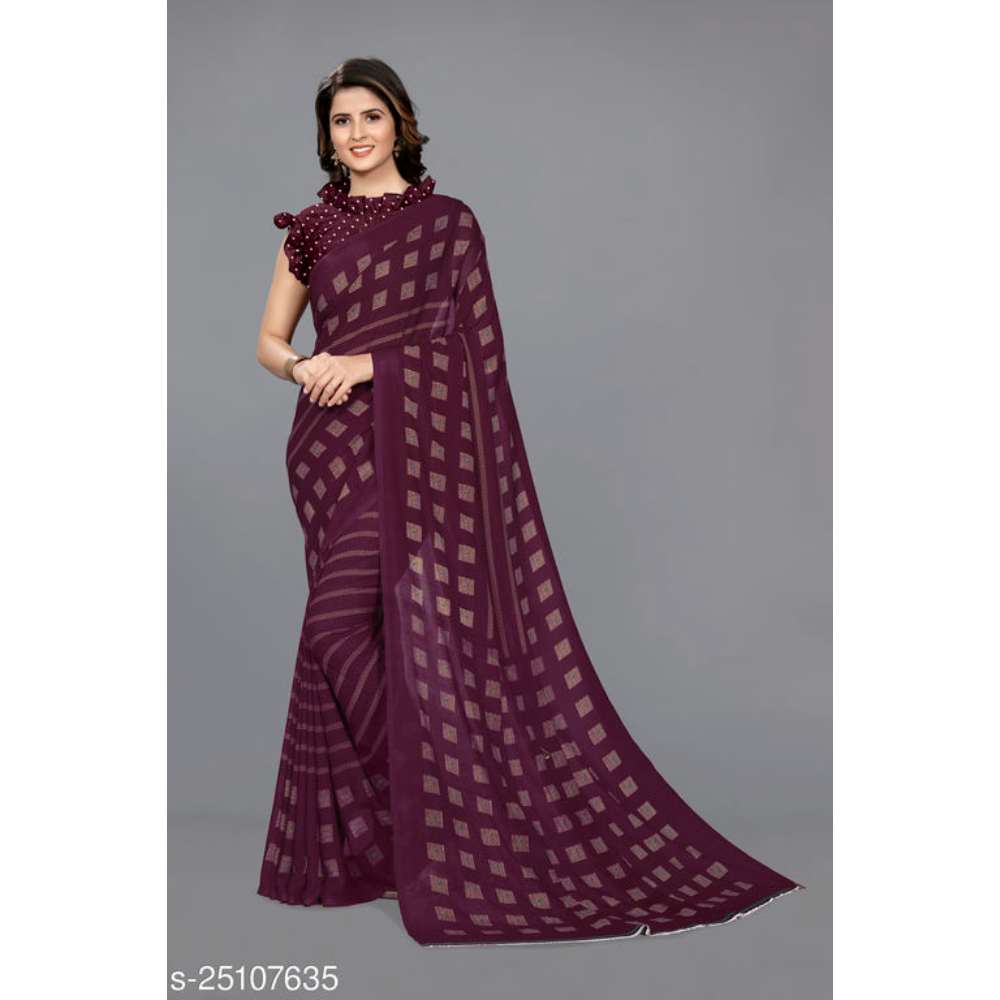 Sourbh Fashion Reniyal Block & Stripe Print Saree With Unstitched Blouse Piece.