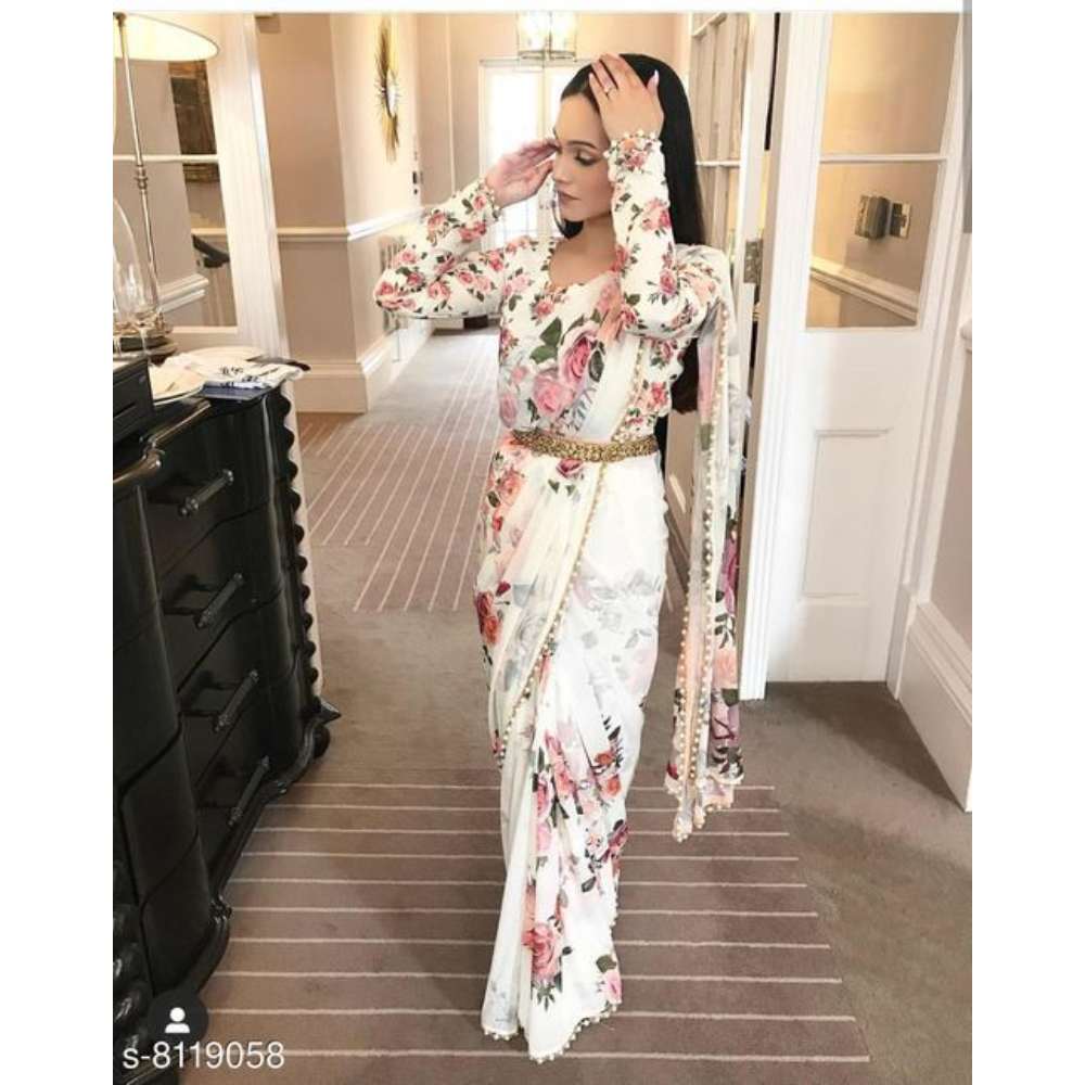 INFINIYA Georgette Printed Saree with Pearl lace border
