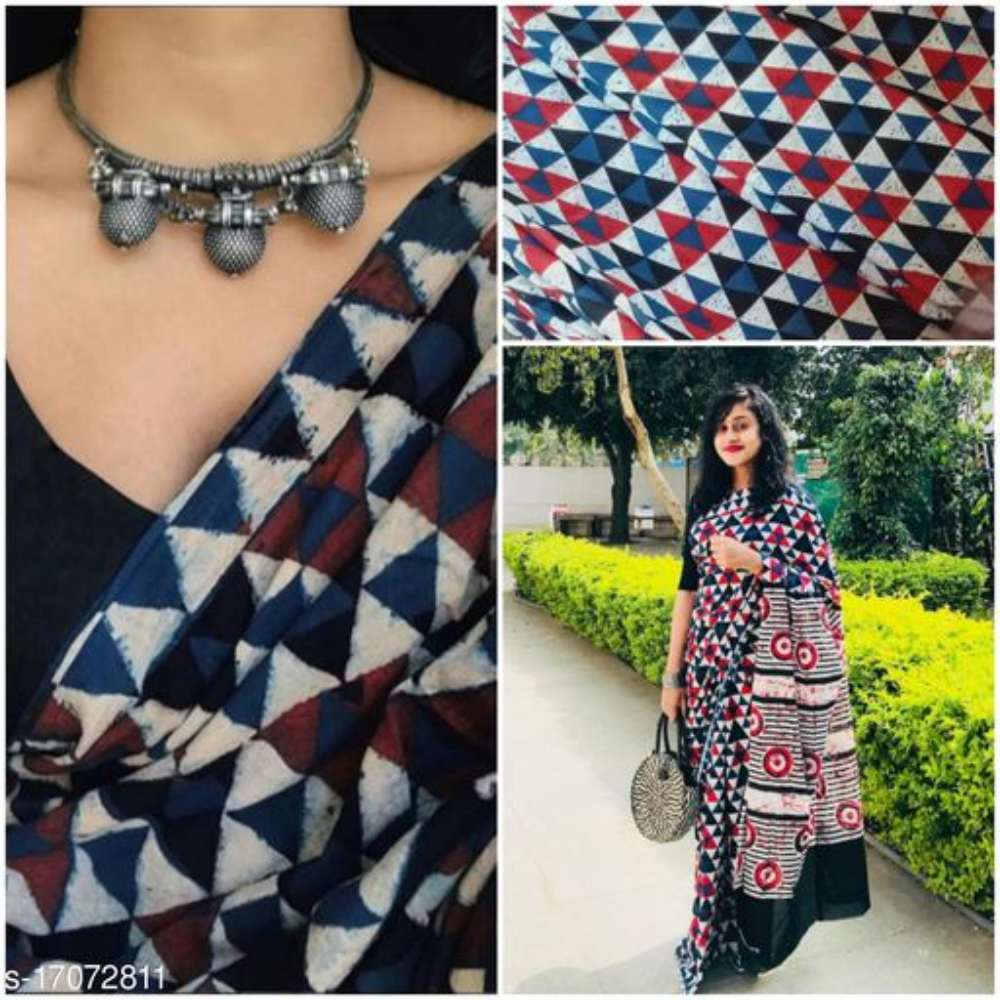 Traditional Celebrity inspired cotton mulmul bagruprint saree with seprate blouse piece