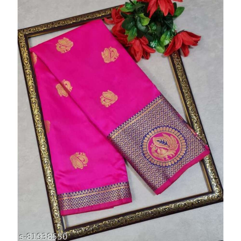 VRINDAVRIHAS LATEST BANARASI SILK SAREE WITH BEAUTIFUL UNSTITCHED GOLDEN ZARI BLOUSE PIECE.
