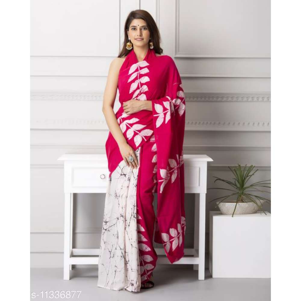 Magenta Leaf Print Mul-Cotton Saree