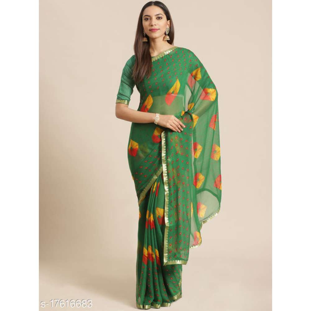 Sareemall Green Casual Chiffon Printed Saree With Unstitched Blouse