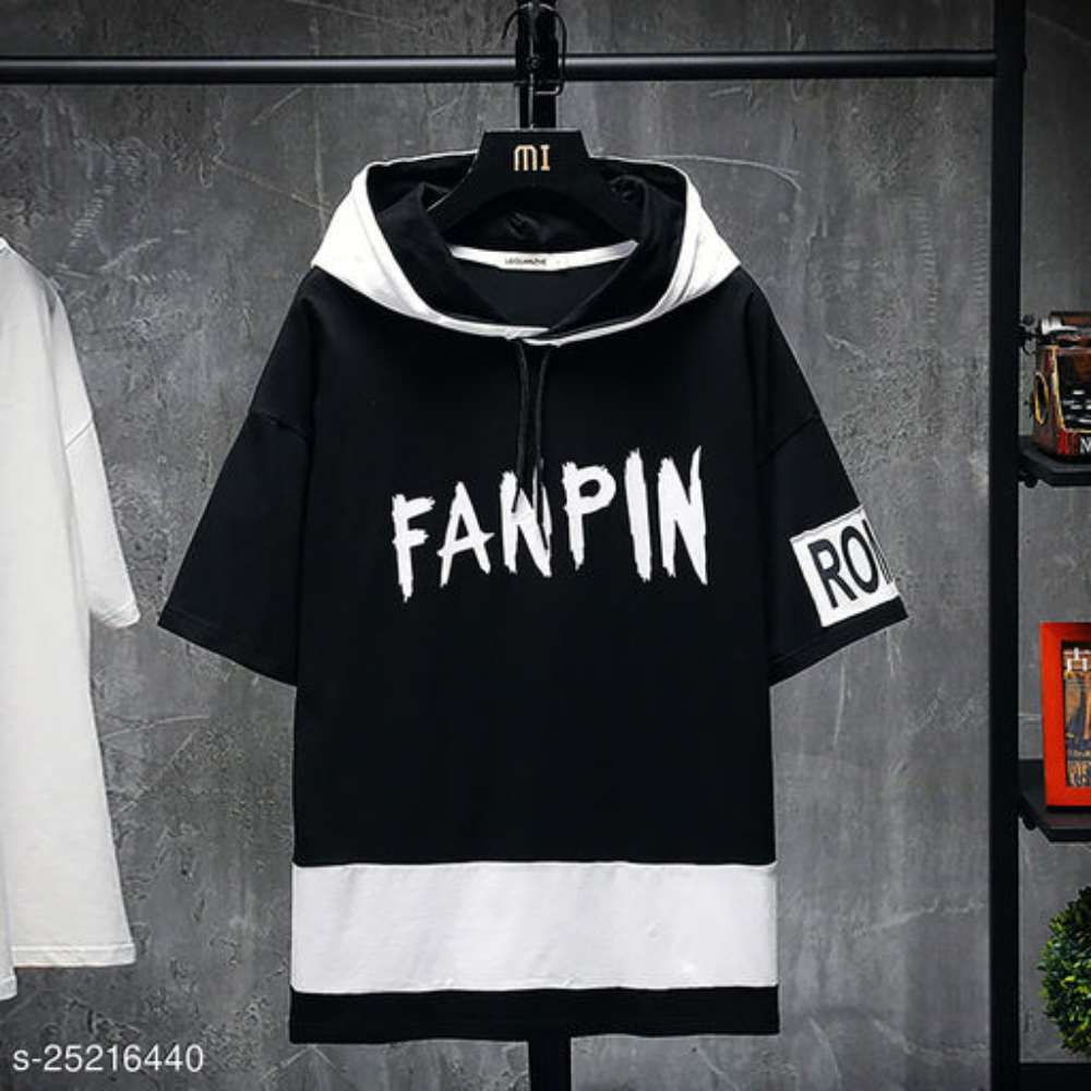 Eyebogler Men's Loose Fit 100% Cotton Hooded Neck Typography Printed Tshirt