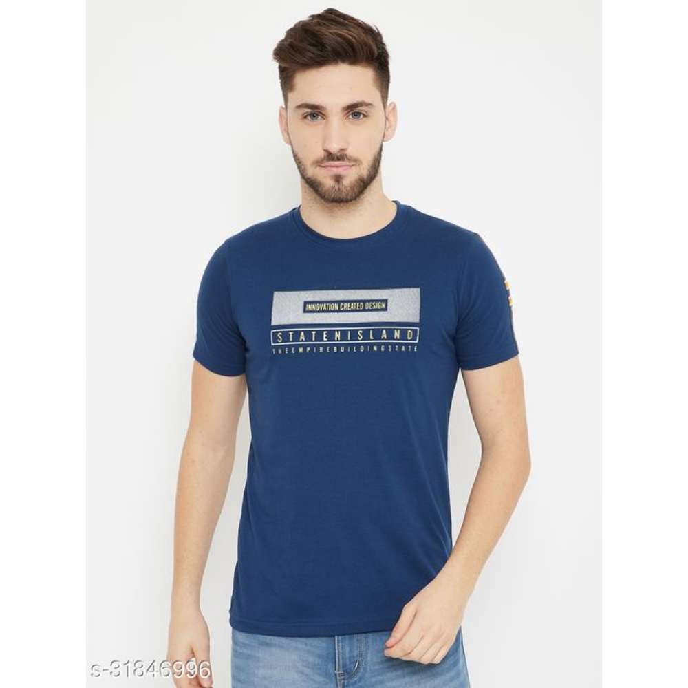 Bishop Cotton Men's Navy Blue Round Neck Printed T-shirt