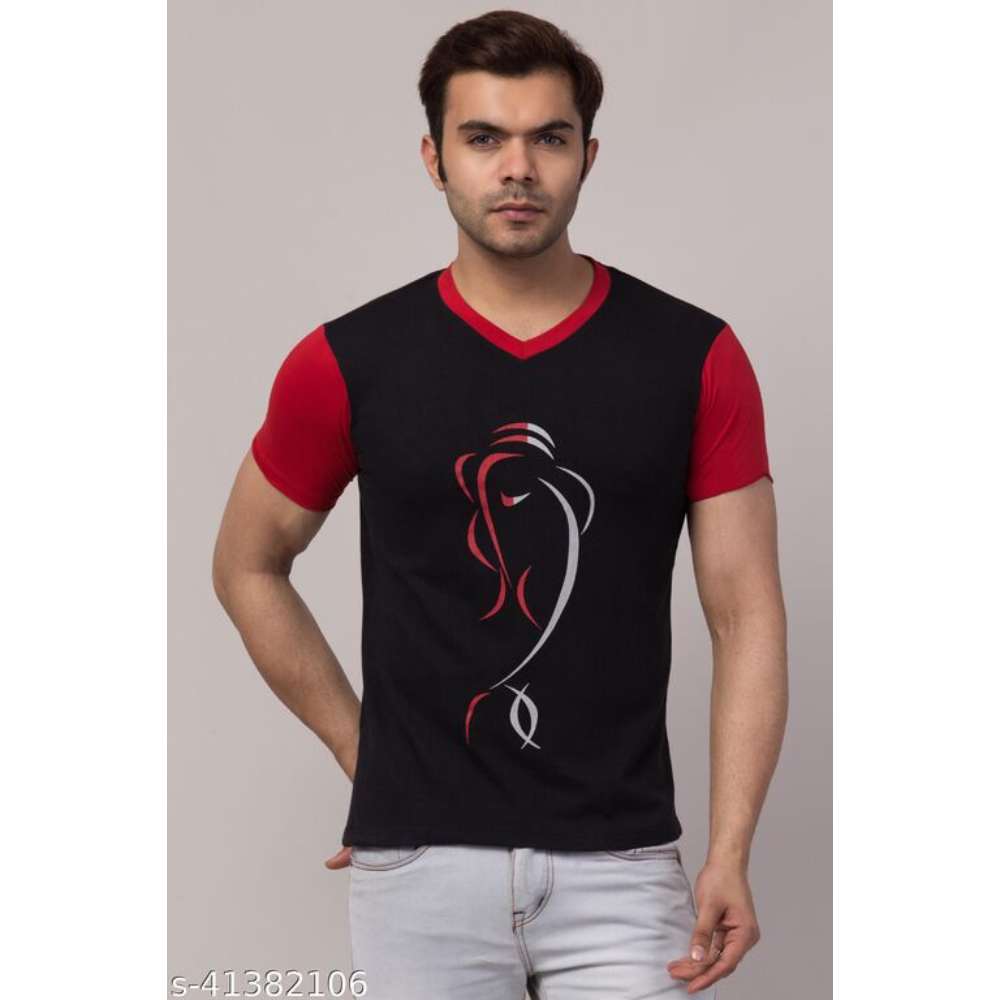 Half Sleeve V Neck Balck and Red Color Men's Tshirt