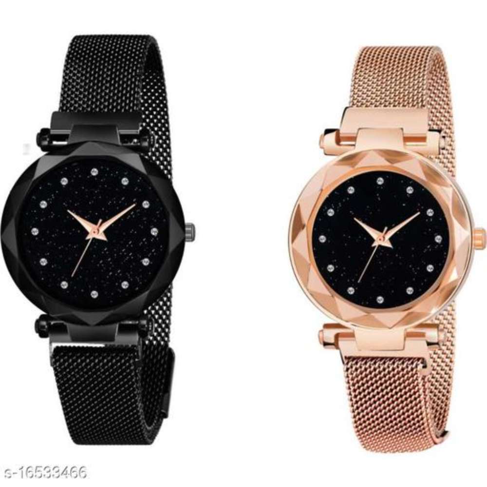 NIVA Luxury Mesh Magnet Buckle Starry sky Quartz Watches For girls Fashion Mysterious Black&Rosegold Lady Designer Fashion Wrist Analog Pack of 2 Women Watch