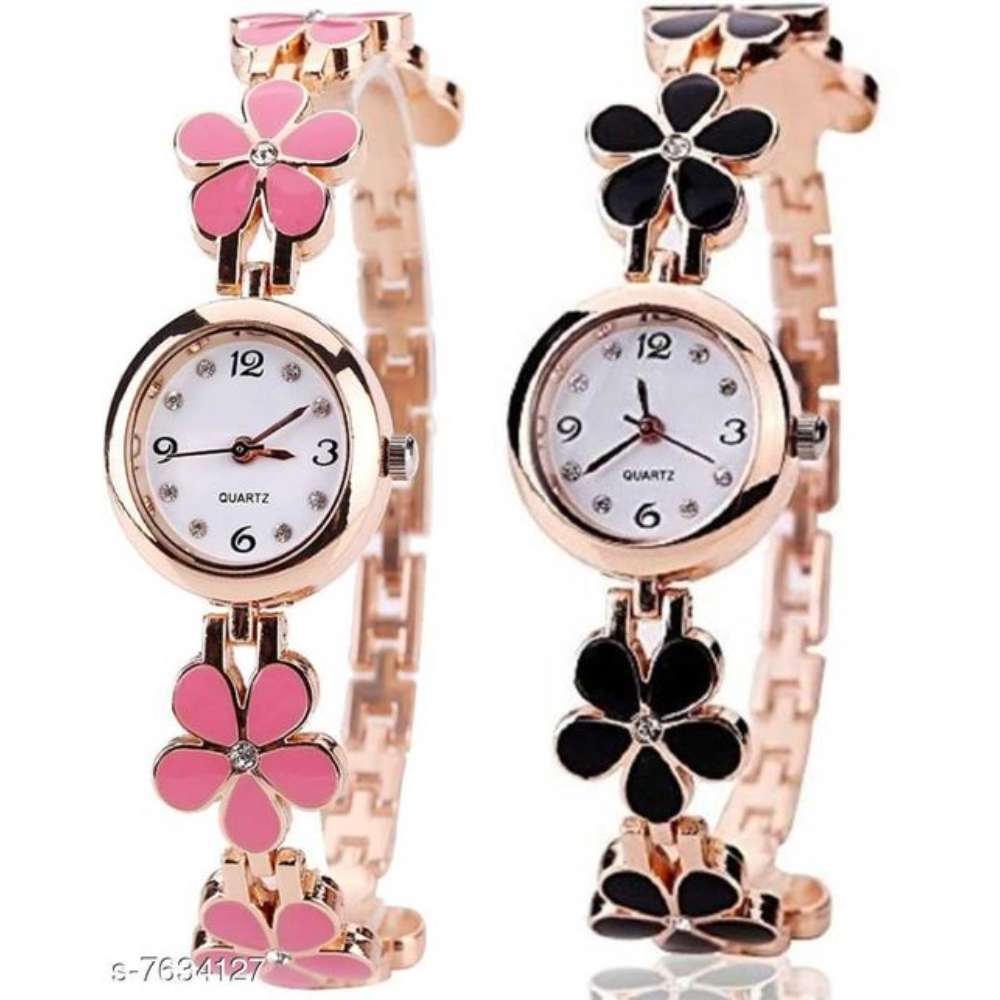 Black Panther Pack Of 2 Latest Fashion White Dial Quartz Desginer Analog Watch For Girl and Women BPL-P2-313-BLACK-PINK