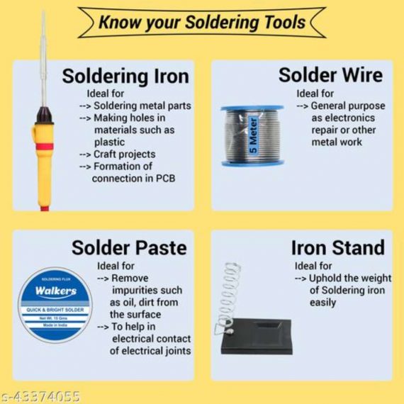 Walkers Beginners 8in1 Mobile Soldering Iron Equipment Tool Machine Combo Kit Set with Flux Paste and Wire 25 W Simple (Flat, Pointed Tip)