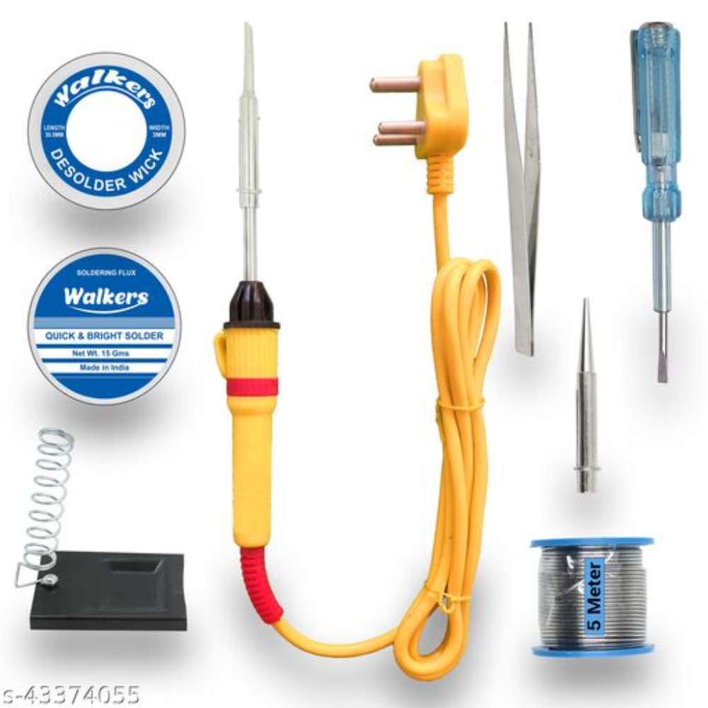 Walkers Beginners 8in1 Mobile Soldering Iron Equipment Tool Machine Combo Kit Set with Flux Paste and Wire 25 W Simple (Flat, Pointed Tip)