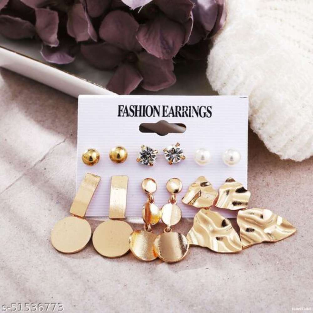 Destiny Jewels Women's Earrings Set Fashion Metal Geometric Irregular Pearl Crystal Stud Earrings Combo Of 6
