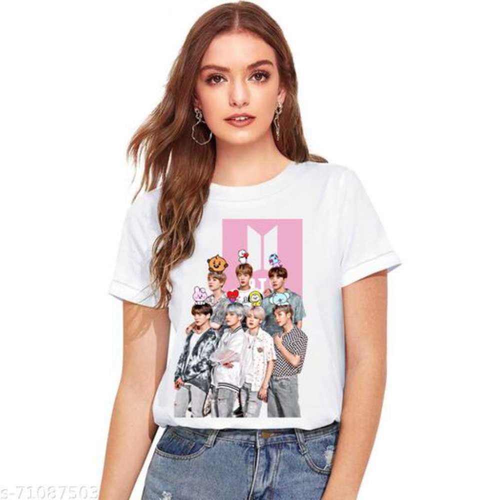 Uniplanet Store Women's BTS Group 12 Polyester White T-shirt