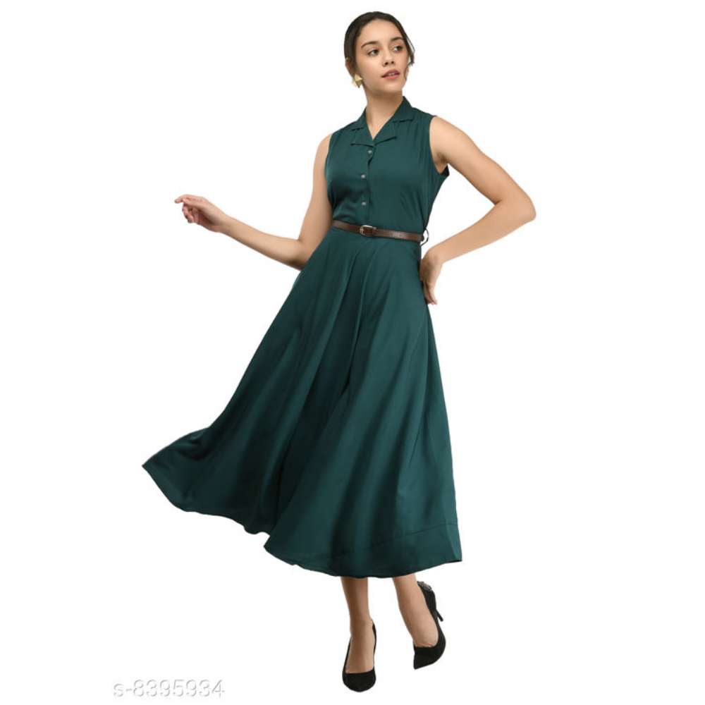 Rudraa women's bottal green crepe solid Stylish with belt dress