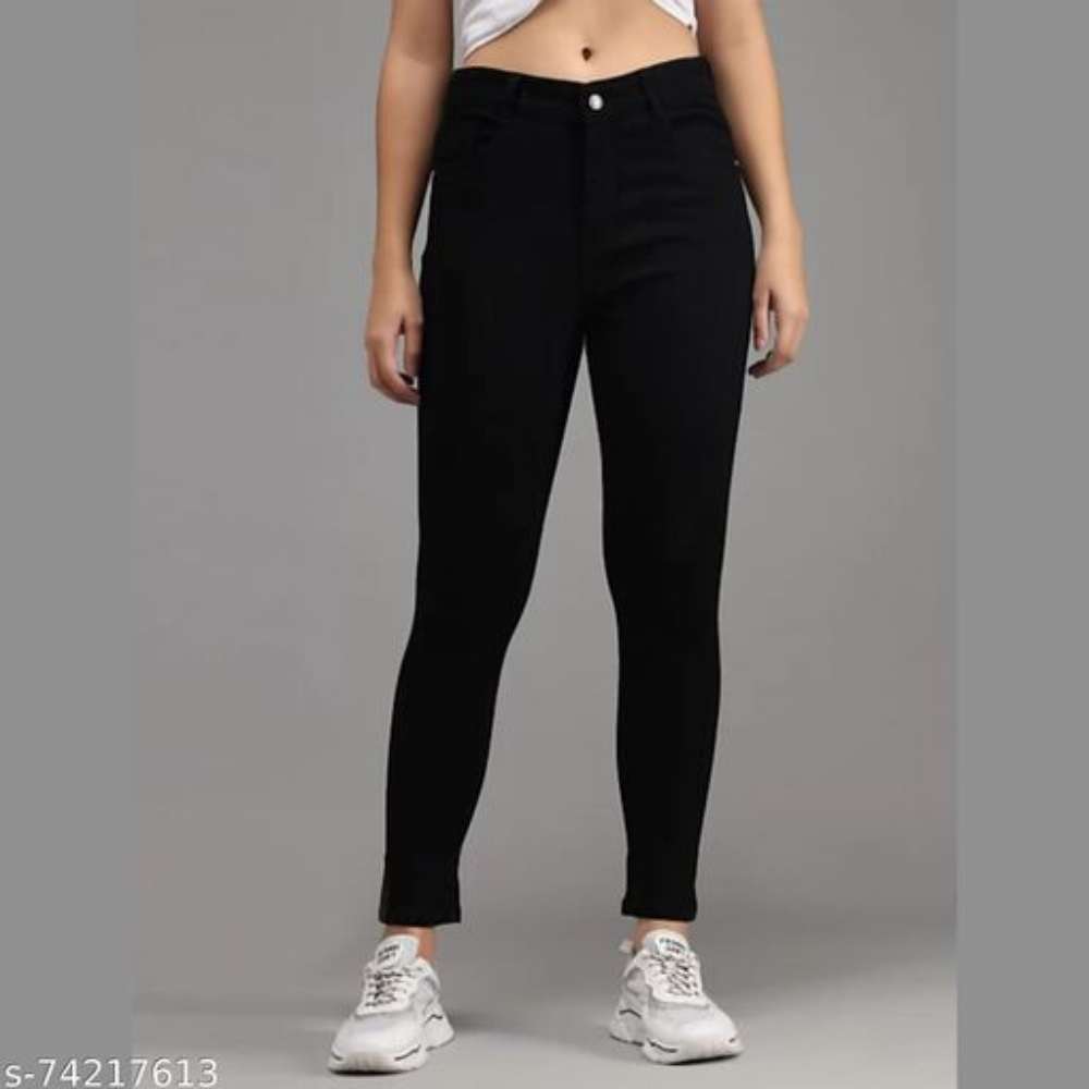 Single Button Stretchable Skinny Fit Ankle Length High Rise Denim Jeans For Girl's And Women's (JET BLACK)