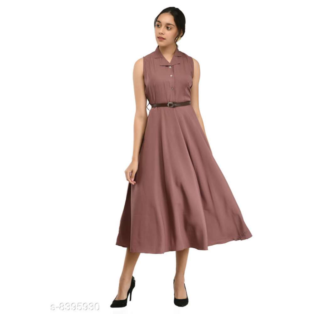 Rudraa women's coral crepe solid Stylish with belt dress