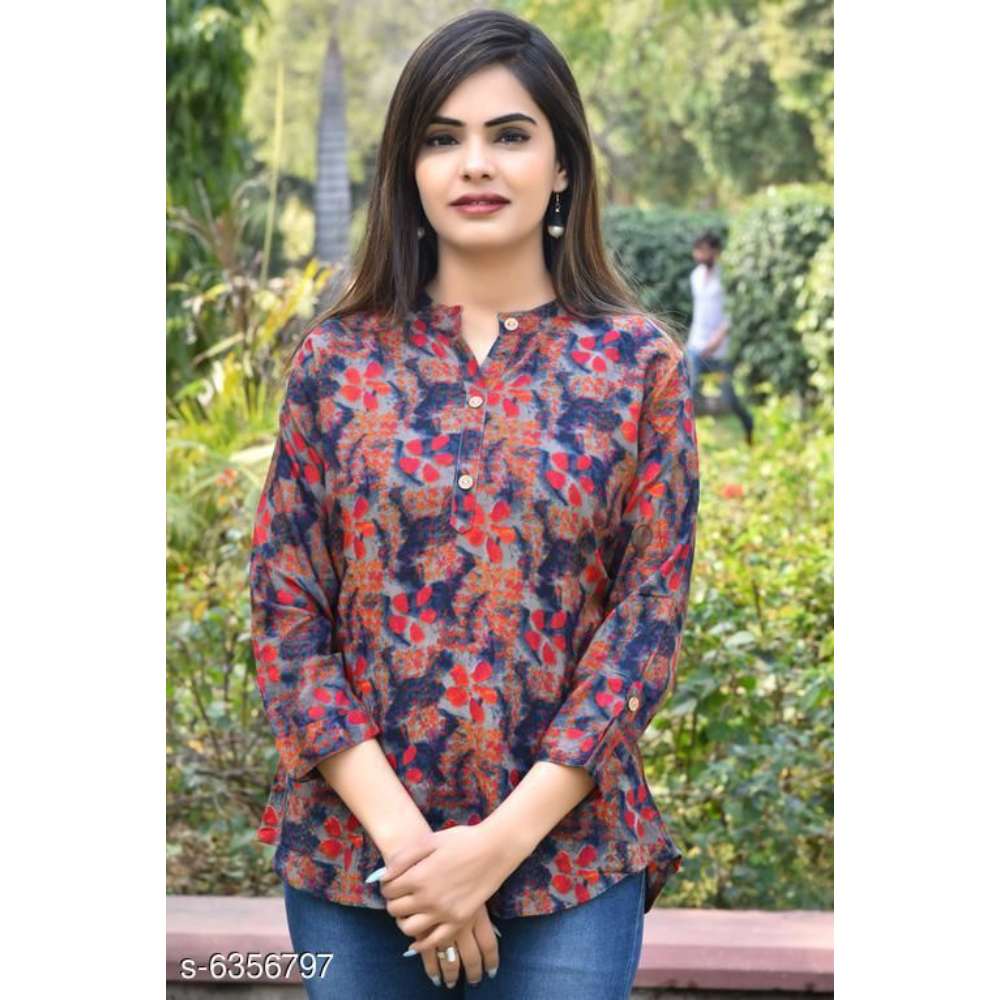 Women's Printed Navy Blue Rayon Top